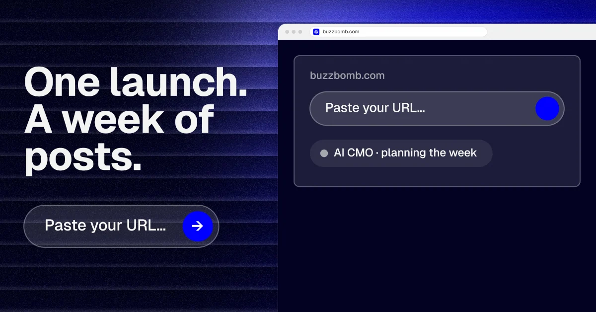 Social ad for BuzzBomb: "One launch. A week of posts." Agentic glass style, browser layout, dark palette in blue, black, grey.