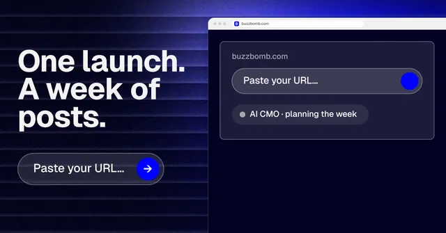 Social ad for BuzzBomb: "One launch. A week of posts." Agentic glass style, browser layout, dark palette in blue, black, grey.