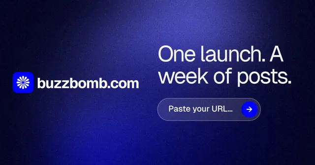 Social ad for BuzzBomb: "One launch. A week of posts." Agentic glass style, logo hero layout, dark palette in black, blue.