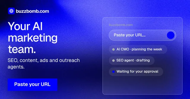 Social ad for BuzzBomb: "Your AI marketing team." Swiss style, bottom layout, dark palette in blue.