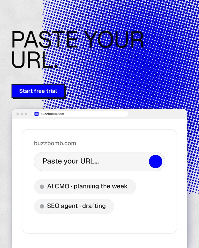 Instagram portrait post for BuzzBomb: "Paste your URL." Brutalist style, browser layout, light palette in blue, white.