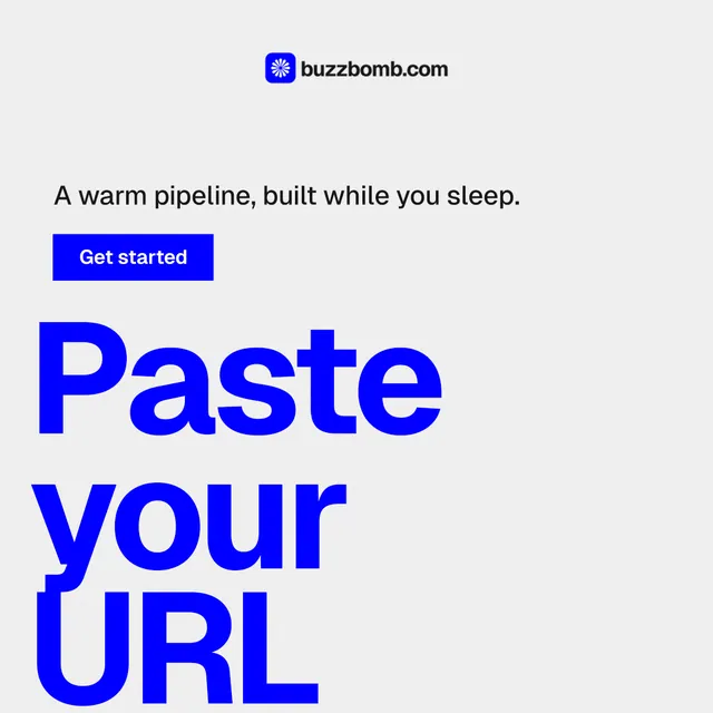 Instagram post for BuzzBomb: "Get a marketing team." Swiss style, oversized layout, light palette in white, blue.