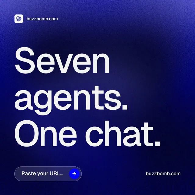 Instagram post for BuzzBomb: "Seven agents. One chat." Agentic glass style, poster layout, dark palette in blue, grey.