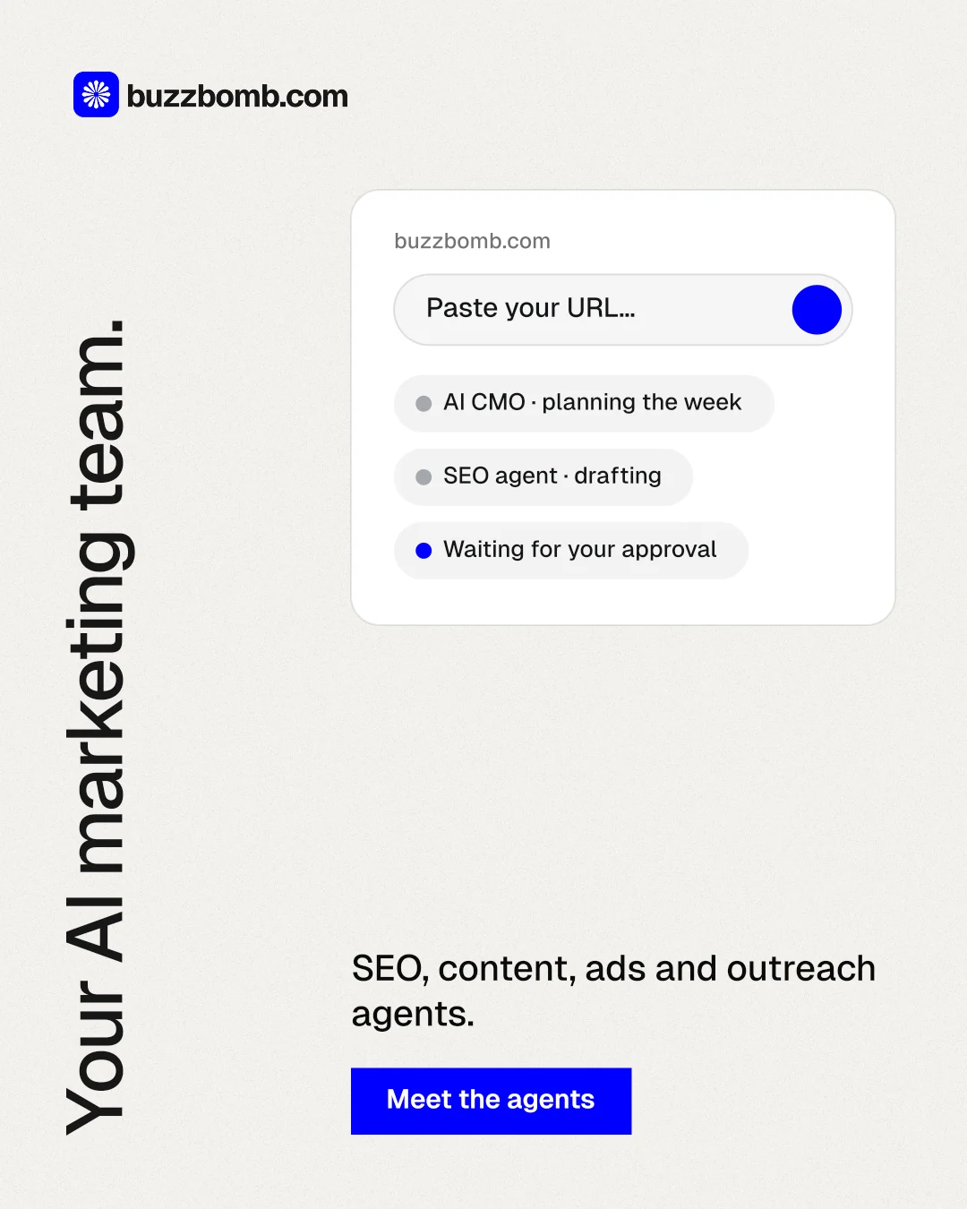Instagram portrait post for BuzzBomb: "Your AI marketing team." Swiss style, vertical layout, light palette in white.