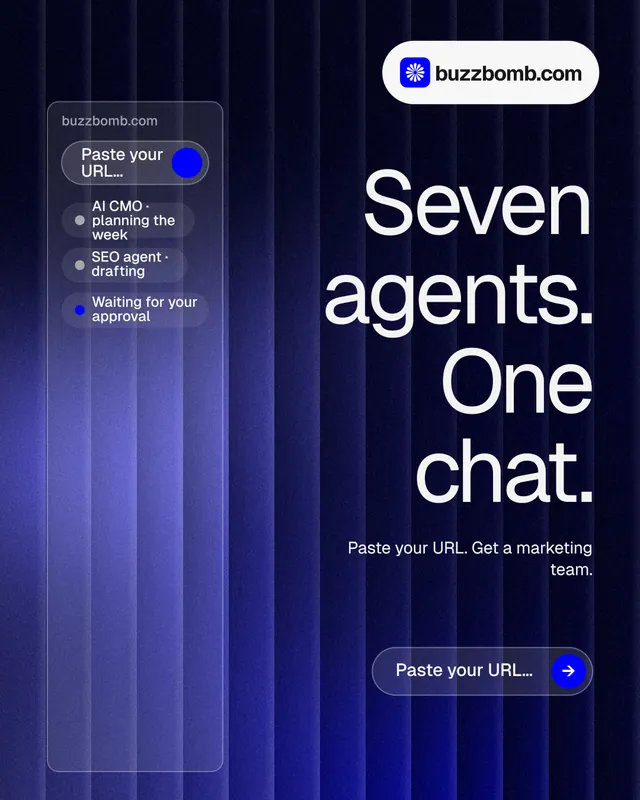 Instagram portrait post for BuzzBomb: "Seven agents. One chat." Agentic glass style, right layout, dark palette in blue, black.