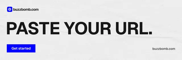 X header for BuzzBomb: "Paste your URL." Swiss style, poster layout, light palette in white, grey.