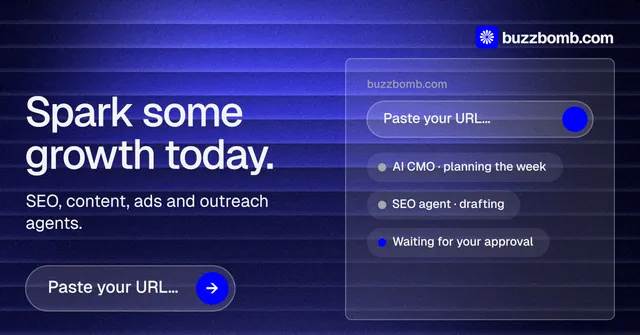 Social ad for BuzzBomb: "Spark some growth today." Agentic glass style, bottom layout, dark palette in blue.