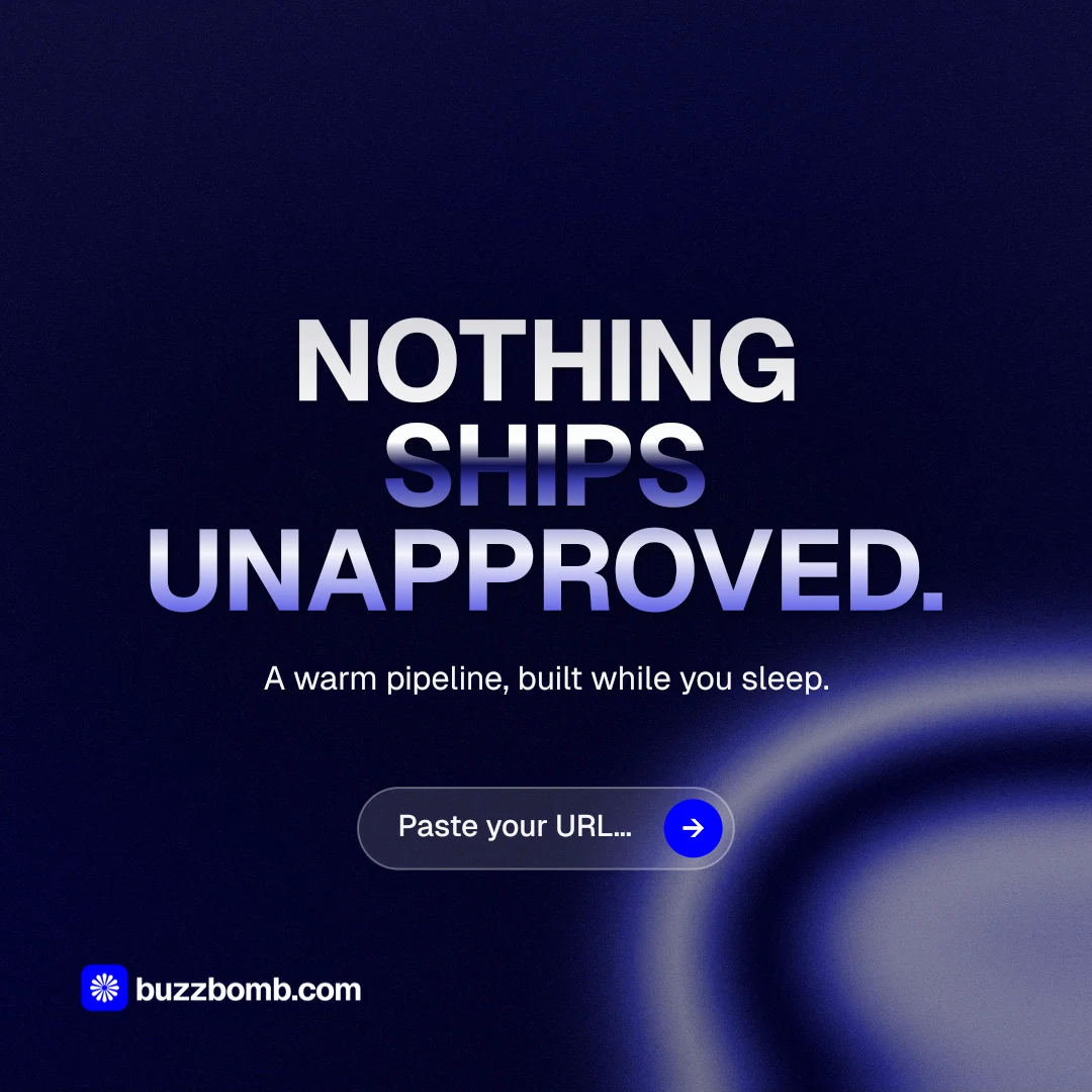 Instagram post for BuzzBomb: "Nothing ships unapproved." Agentic glass style, centred layout, dark palette in blue, black.
