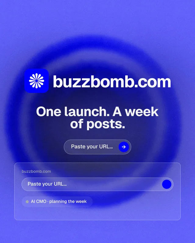 Instagram portrait post for BuzzBomb: "One launch. A week of posts." Agentic glass style, logo hero layout, dark palette in blue.