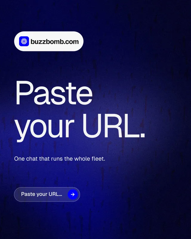 Instagram portrait post for BuzzBomb: "Paste your URL." Agentic glass style, announce layout, dark palette in black, blue.