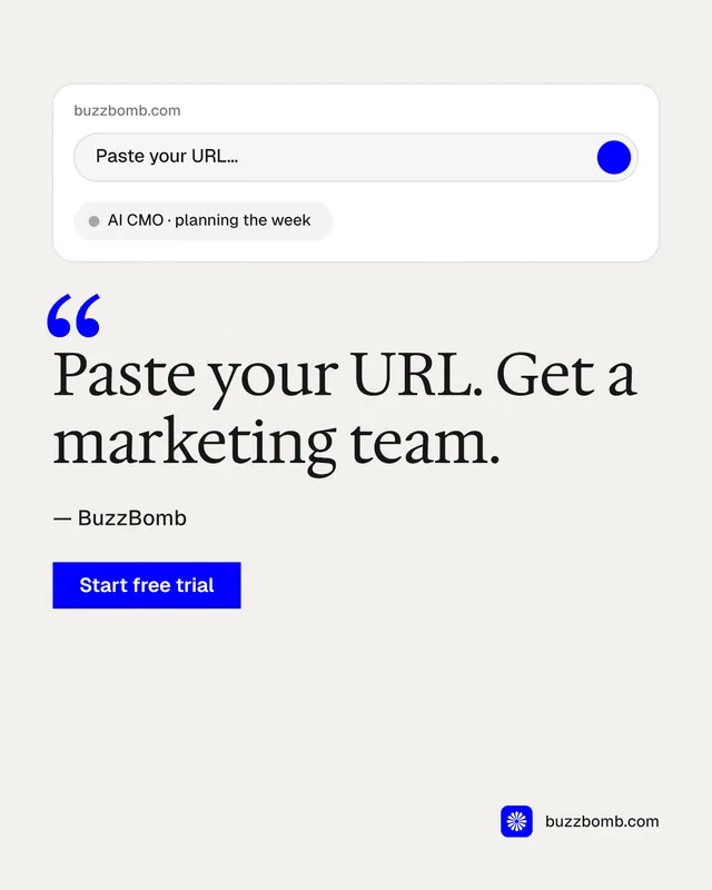 Instagram portrait post for BuzzBomb: "One launch. A week of posts." Swiss style, quote layout, light palette in white.