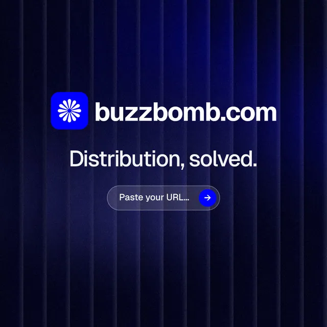 Instagram post for BuzzBomb: "Distribution, solved." Agentic glass style, logo hero layout, dark palette in black, blue.