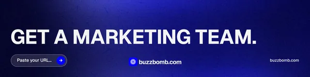 LinkedIn banner for BuzzBomb: "Get a marketing team." Agentic glass style, poster layout, dark palette in blue.