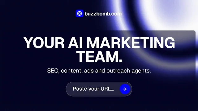 Landscape graphic for BuzzBomb: "Your AI marketing team." Agentic glass style, skeleton layout, dark palette in black, blue.