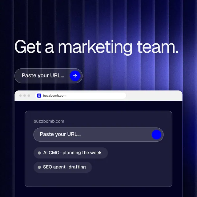 Instagram post for BuzzBomb: "Get a marketing team." Agentic glass style, browser layout, dark palette in blue, black.