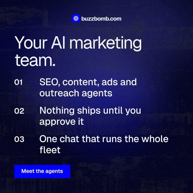 Instagram post for BuzzBomb: "Your AI marketing team." Swiss style, numbered layout, dark palette in black, blue, grey.