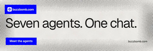 X header for BuzzBomb: "Seven agents. One chat." Swiss style, poster layout, light palette in grey, white, blue.
