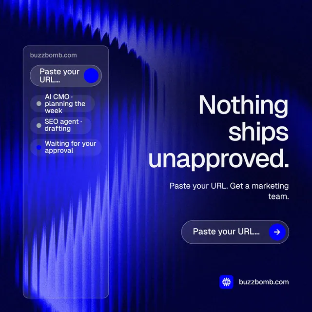 Instagram post for BuzzBomb: "Nothing ships unapproved." Agentic glass style, right layout, dark palette in blue, black.