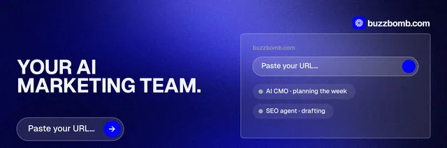X header for BuzzBomb: "Your AI marketing team." Agentic glass style, bottom layout, dark palette in blue.