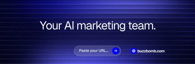 X header for BuzzBomb: "Your AI marketing team." Agentic glass style, centred layout, dark palette in black, blue.