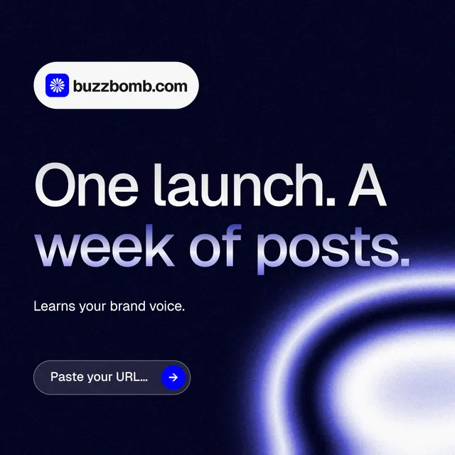 Instagram post for BuzzBomb: "One launch. A week of posts." Agentic glass style, announce layout, dark palette in black, blue.