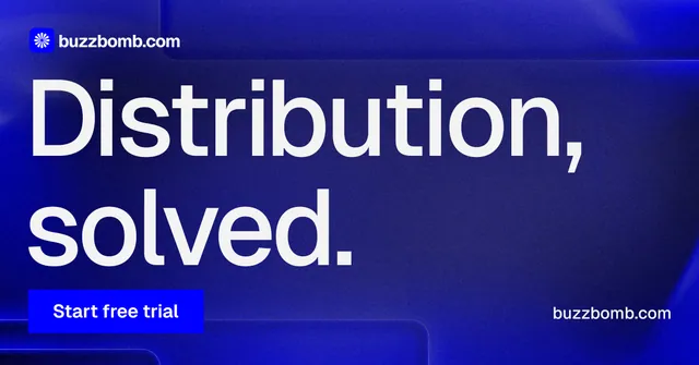 Social ad for BuzzBomb: "Distribution, solved." Swiss style, poster layout, dark palette in blue.