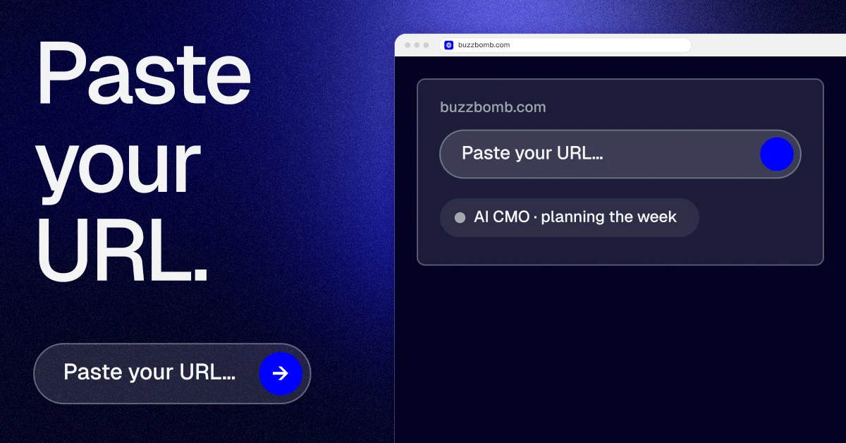Social ad for BuzzBomb: "Paste your URL." Agentic glass style, browser layout, dark palette in blue, black, grey.