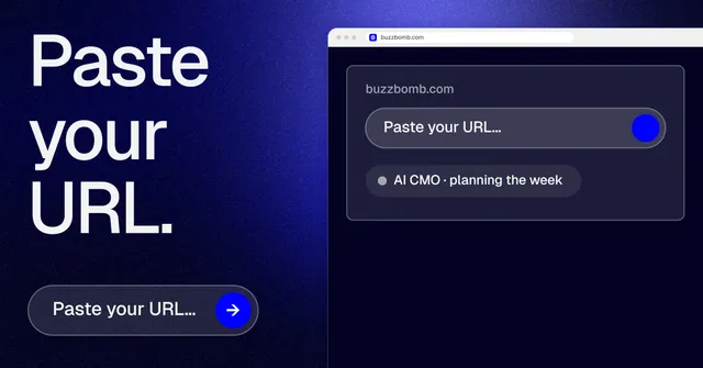 Social ad for BuzzBomb: "Paste your URL." Agentic glass style, browser layout, dark palette in blue, black, grey.
