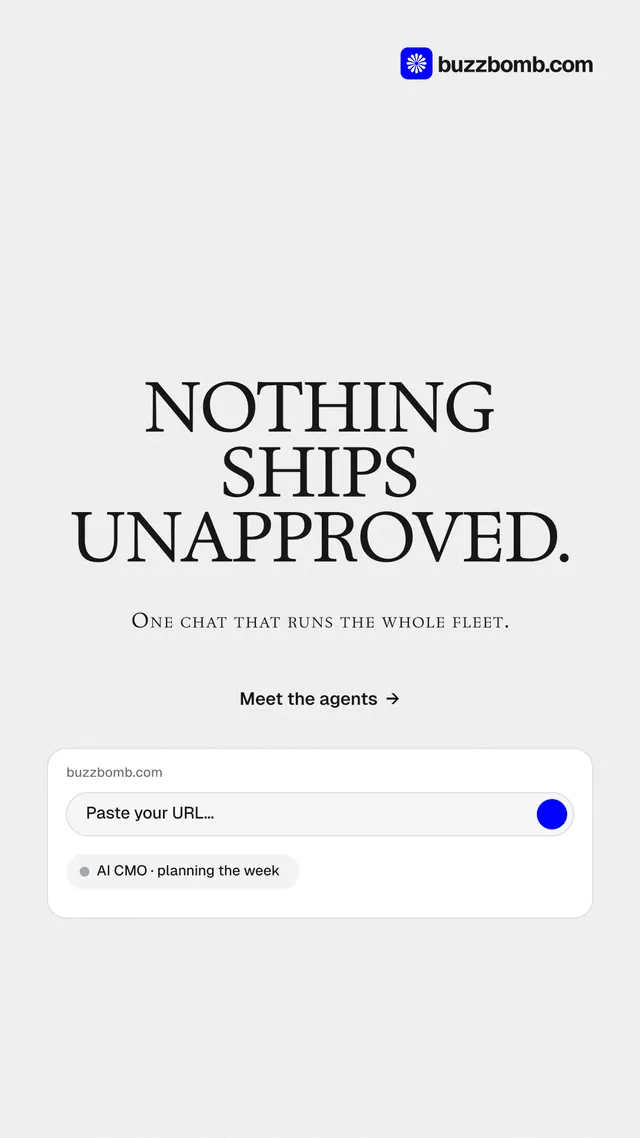 Instagram story for BuzzBomb: "Nothing ships unapproved." Swiss style, smallcaps layout, light palette in white, grey.