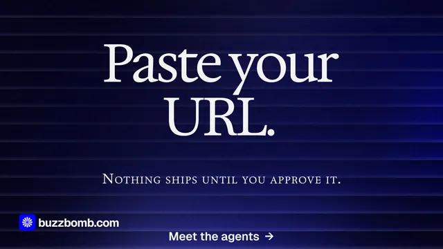Landscape graphic for BuzzBomb: "Paste your URL." Agentic glass style, smallcaps layout, dark palette in black, blue, grey.
