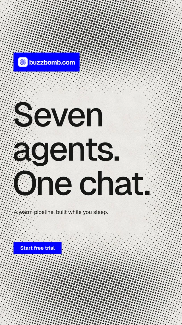 Instagram story for BuzzBomb: "Seven agents. One chat." Swiss style, announce layout, light palette in grey, white.