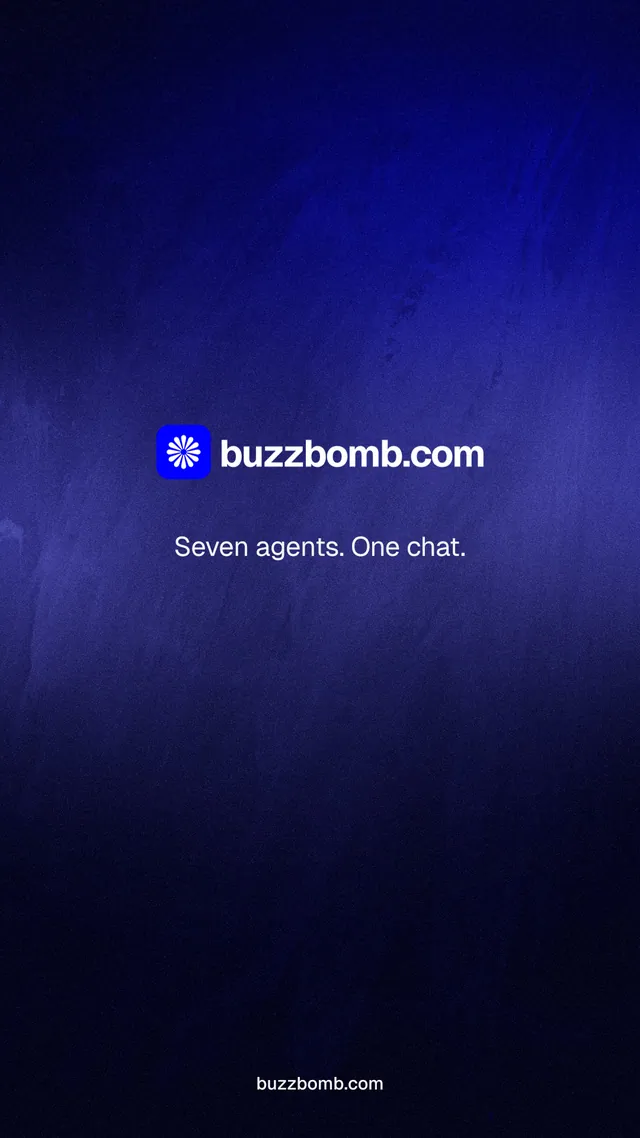 Instagram story for BuzzBomb: "Seven agents. One chat." Agentic glass style, end card layout, dark palette in black, blue.