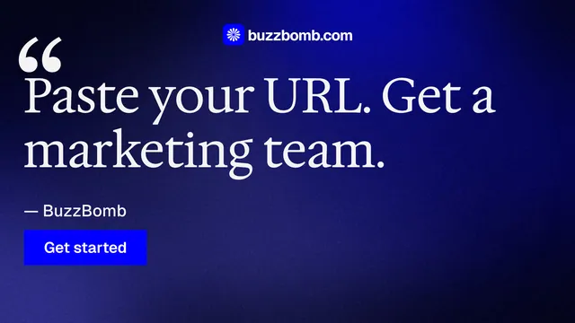 Landscape graphic for BuzzBomb: "Get a marketing team." Swiss style, quote layout, dark palette in blue, black.