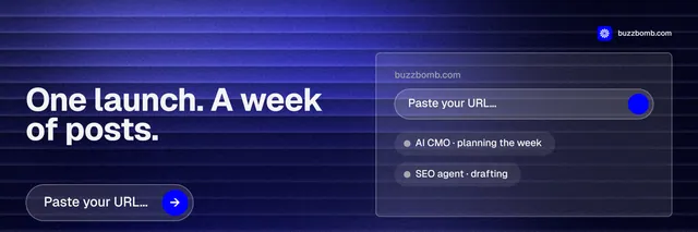 X header for BuzzBomb: "One launch. A week of posts." Agentic glass style, bottom layout, dark palette in blue, grey.