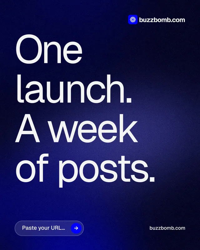 Instagram portrait post for BuzzBomb: "One launch. A week of posts." Agentic glass style, poster layout, dark palette in black, blue, grey.
