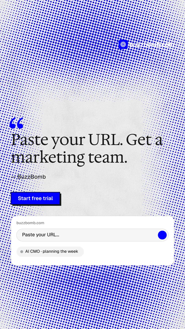 Instagram story for BuzzBomb: "One launch. A week of posts." Brutalist style, quote layout, light palette in blue, white.