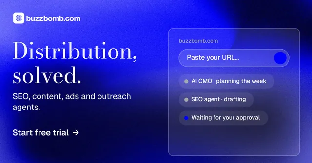 Social ad for BuzzBomb: "Distribution, solved." Minimal luxury style, bottom layout, dark palette in blue.