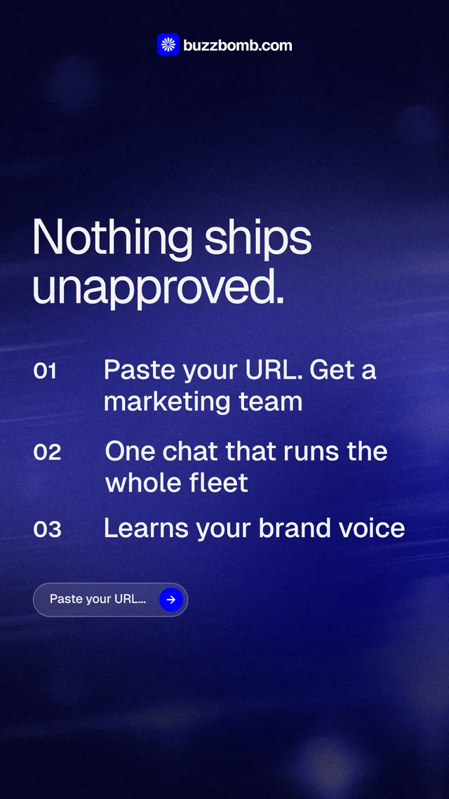 Instagram story for BuzzBomb: "Nothing ships unapproved." Agentic glass style, numbered layout, dark palette in black, blue.