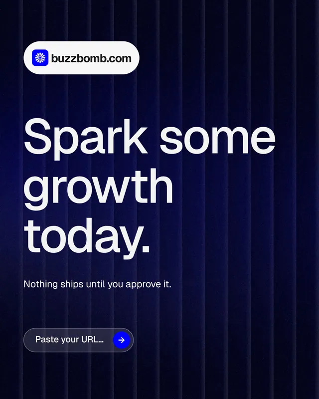 Instagram portrait post for BuzzBomb: "Spark some growth today." Agentic glass style, announce layout, dark palette in black, blue, grey.