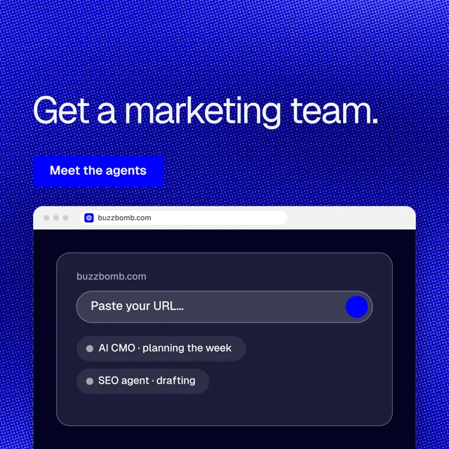 Instagram post for BuzzBomb: "Get a marketing team." Swiss style, browser layout, dark palette in blue.