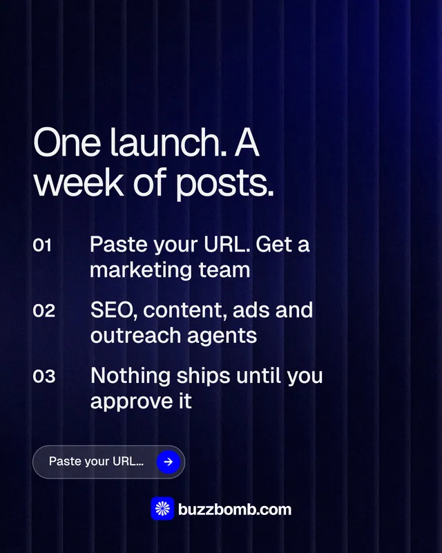 Instagram portrait post for BuzzBomb: "One launch. A week of posts." Agentic glass style, numbered layout, dark palette in black, blue, grey.