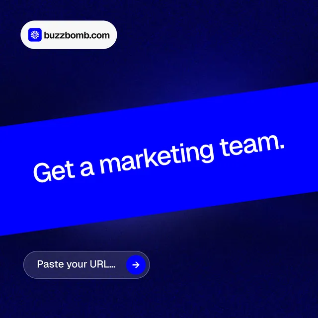 Instagram post for BuzzBomb: "Get a marketing team." Agentic glass style, diagonal layout, dark palette in blue.