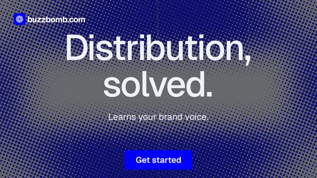 Landscape graphic for BuzzBomb: "Distribution, solved." Swiss style, centred layout, dark palette in blue, grey.