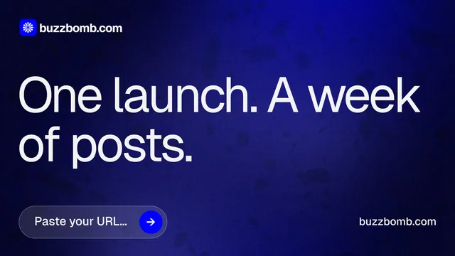Landscape graphic for BuzzBomb: "One launch. A week of posts." Agentic glass style, poster layout, dark palette in black, blue, grey.