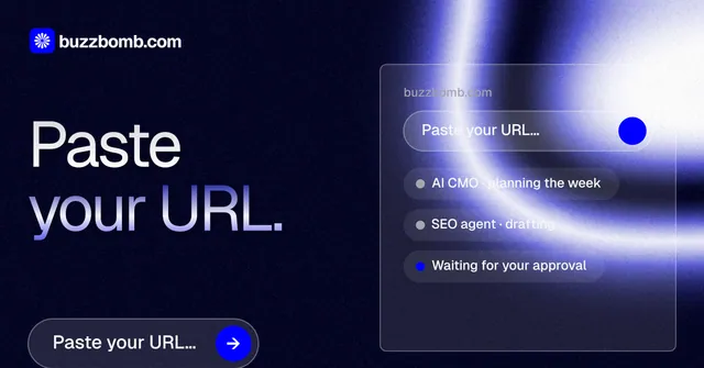 Social ad for BuzzBomb: "Paste your URL." Agentic glass style, bottom layout, dark palette in black, blue.