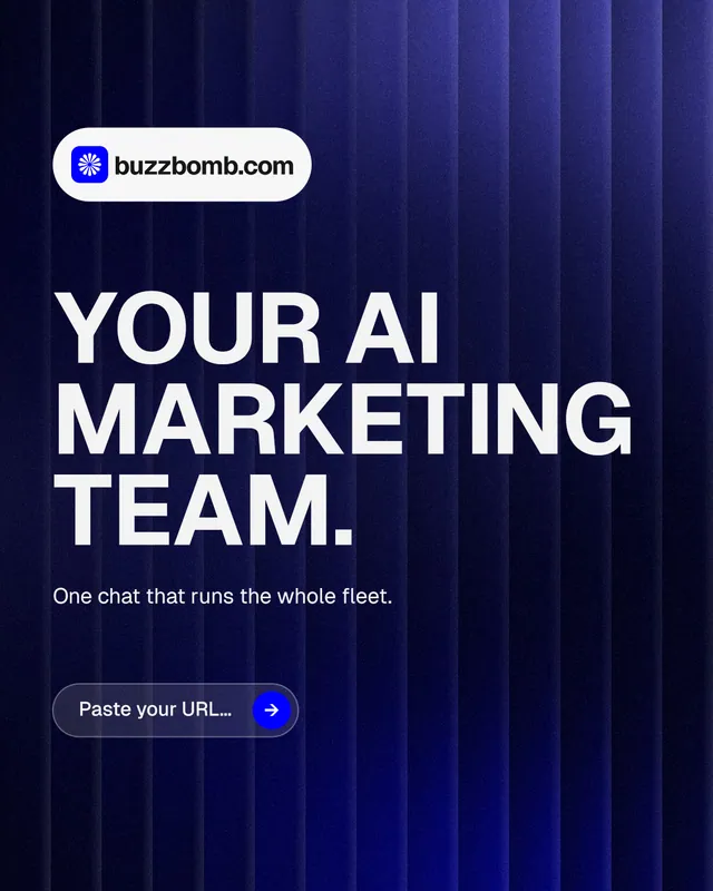 Instagram portrait post for BuzzBomb: "Your AI marketing team." Agentic glass style, announce layout, dark palette in black, blue, grey.