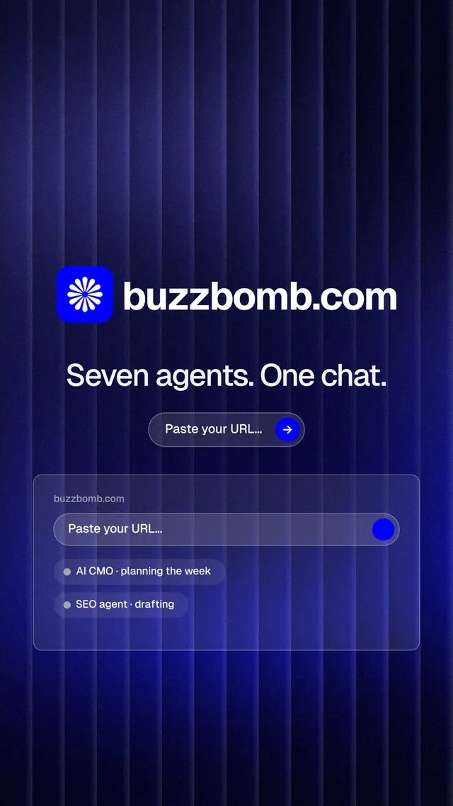 Instagram story for BuzzBomb: "Seven agents. One chat." Agentic glass style, logo hero layout, dark palette in black, blue.