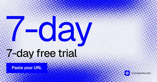 Social ad for BuzzBomb: "Nothing ships unapproved." Swiss style, stat layout, light palette in blue, white.