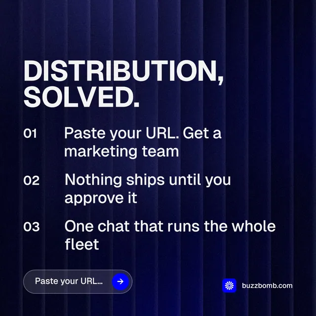Instagram post for BuzzBomb: "Distribution, solved." Agentic glass style, numbered layout, dark palette in black, blue, grey.