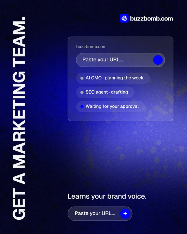 Instagram portrait post for BuzzBomb: "Get a marketing team." Agentic glass style, vertical layout, dark palette in black, blue.